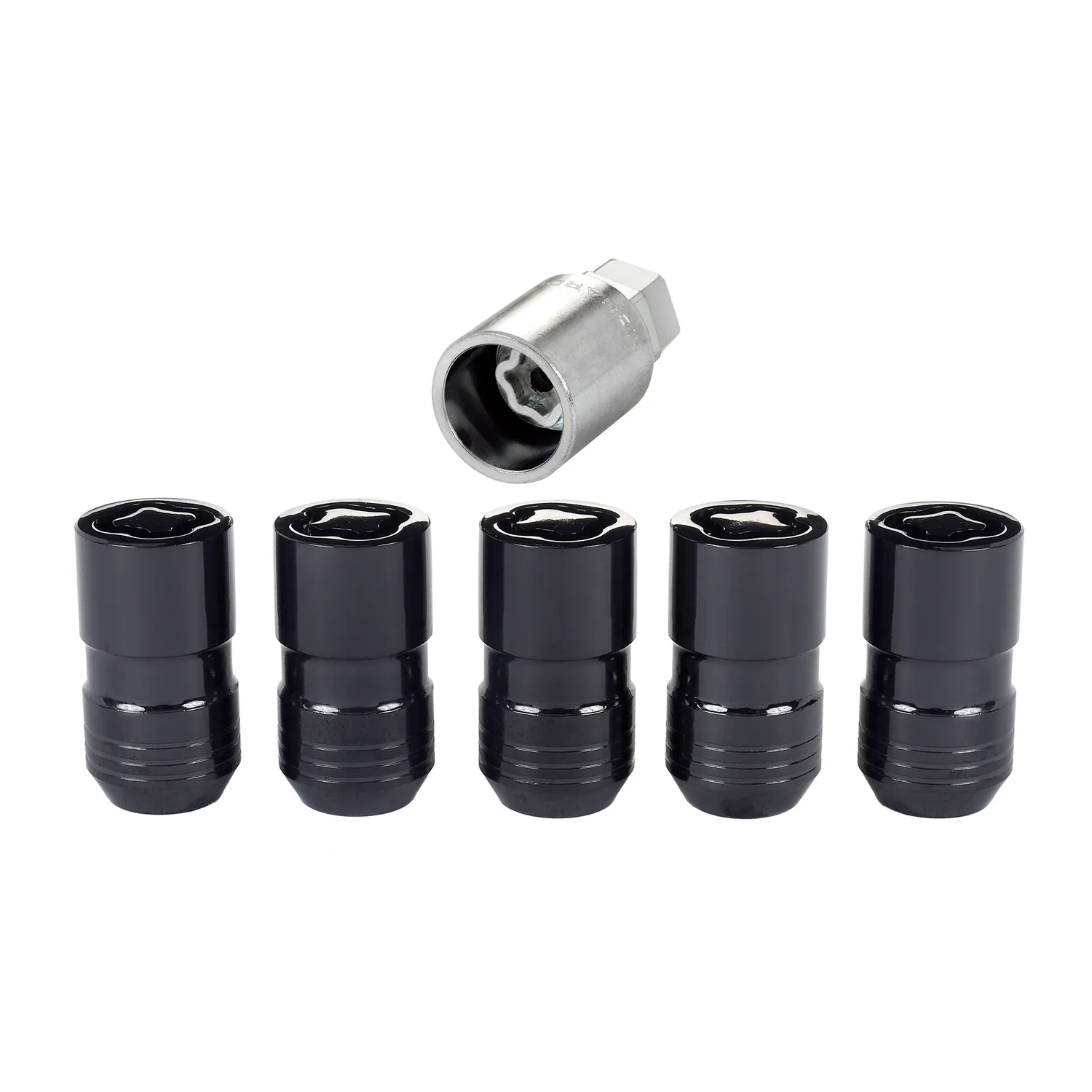5-pack Cone Seat Exposed Style Wheel Locks <br> M14 x 1.5 Thread, 21 & 22mm Dual Hex x 1.639in L