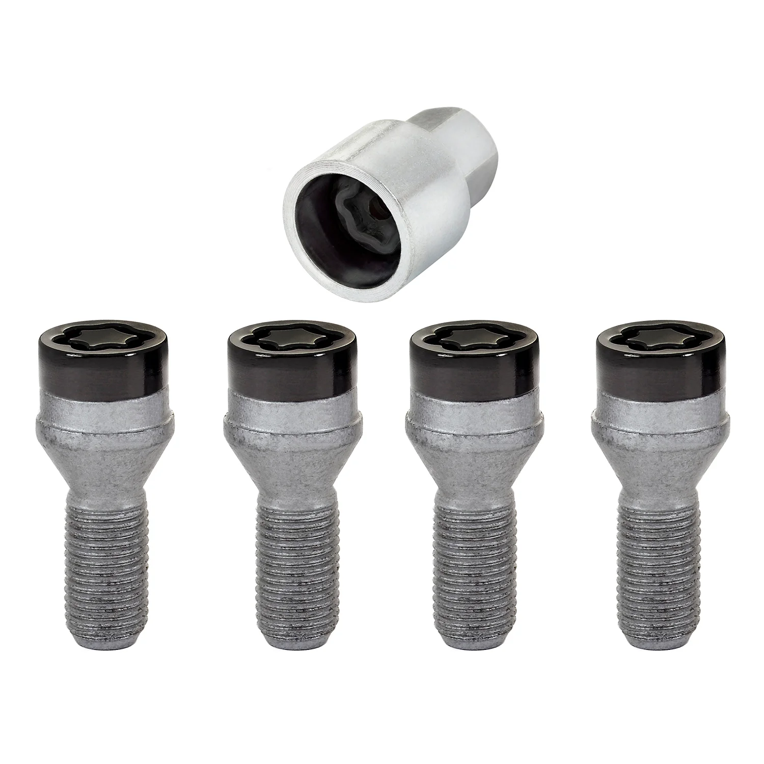 4-pack Cone Seat Style Wheel Lock Bolts <br> M14 x 1.25, 17mm Hex, 27.3mm Shank Length