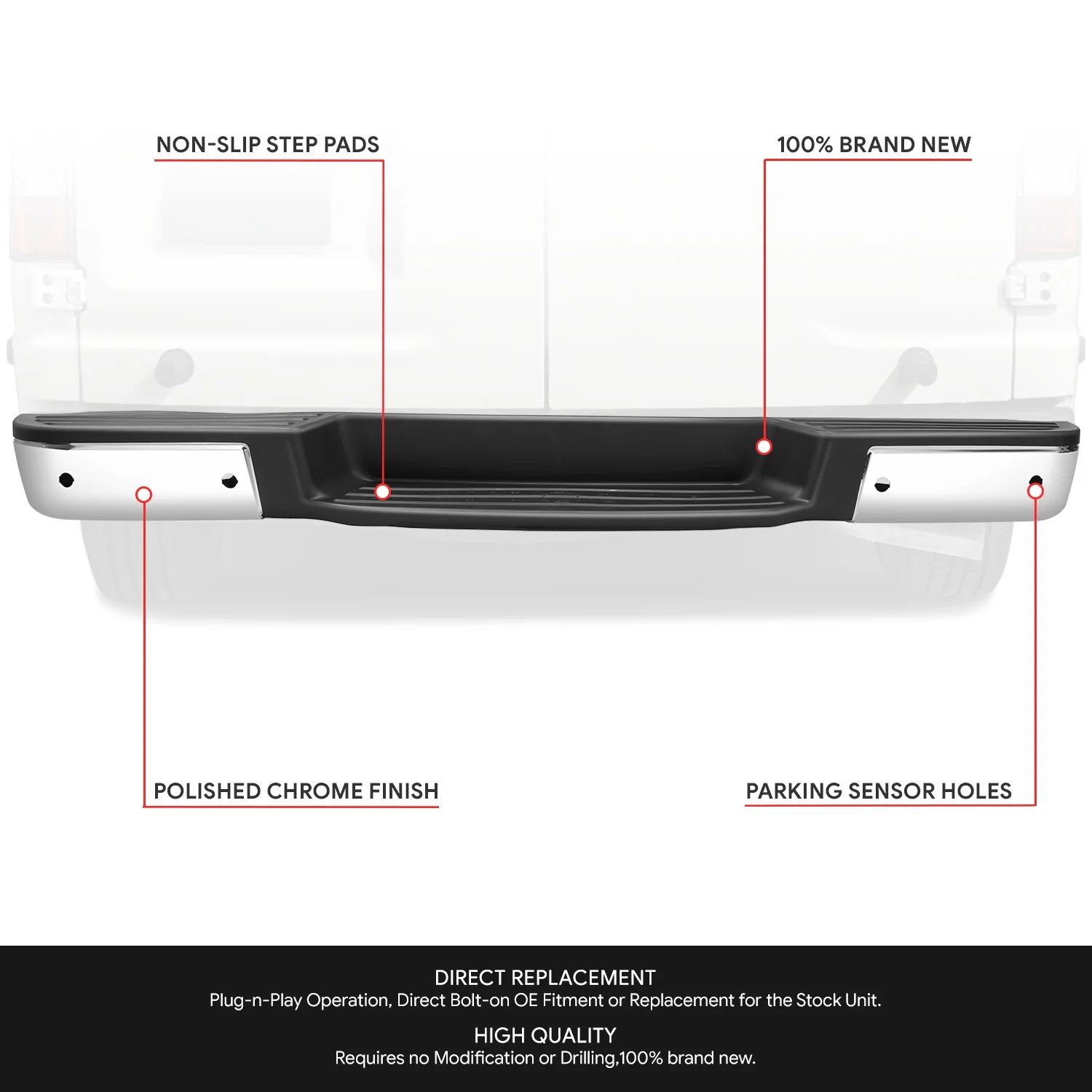 Chrome Rear Step Bumper w/Parking Sensor Holes<br>12-21 Nissan NV1500 NV2500 NV3500 - Image 2